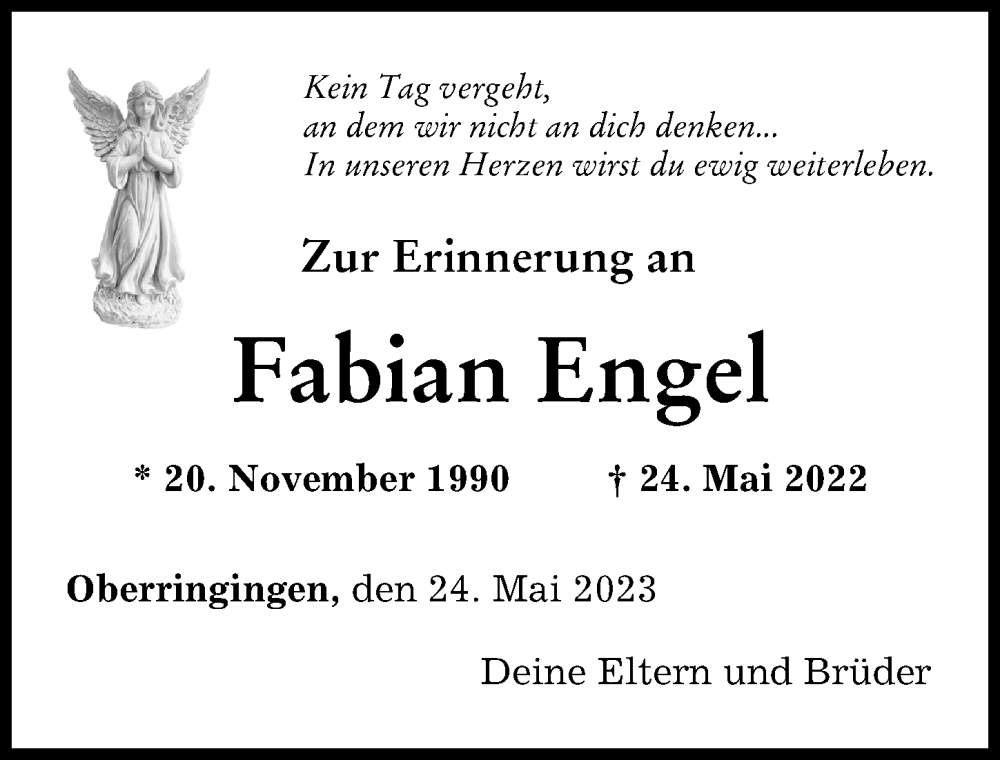  Traueranzeige für Fabian Engel vom 24.05.2023 aus Donau Zeitung