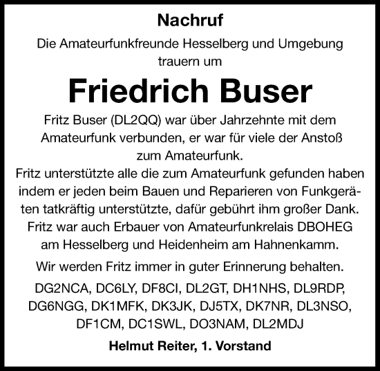 Traueranzeige von Friedrich Buser von Rieser Nachrichten