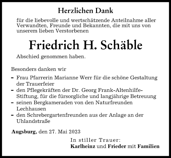 Traueranzeige von Friedrich H. Schäble von Augsburger Allgemeine