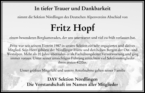 Traueranzeige von Fritz Hopf von Rieser Nachrichten