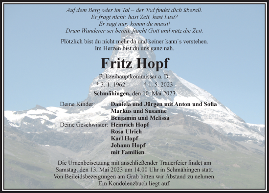 Traueranzeige von Fritz Hopf von Rieser Nachrichten