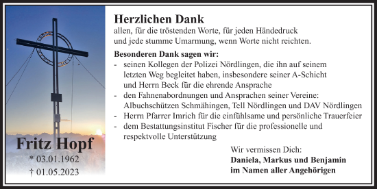 Traueranzeige von Fritz Hopf von Rieser Nachrichten