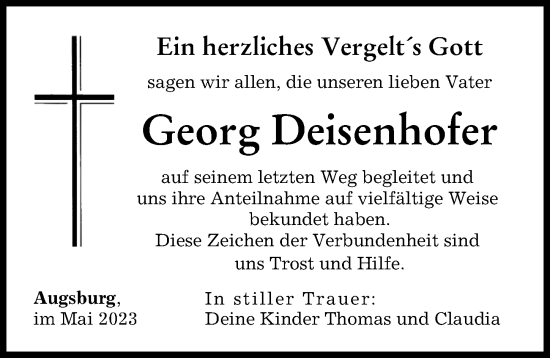 Traueranzeige von Georg Deisenhofer von Augsburger Allgemeine