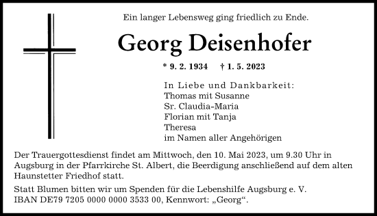 Traueranzeige von Georg Deisenhofer von Augsburger Allgemeine
