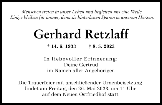 Traueranzeige von Gerhard Retzlaff von Augsburger Allgemeine