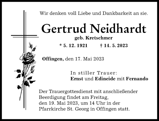 Traueranzeige von Gertrud Neidhardt von Günzburger Zeitung