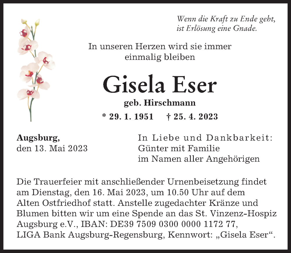  Traueranzeige für Gisela Eser vom 13.05.2023 aus Augsburger Allgemeine