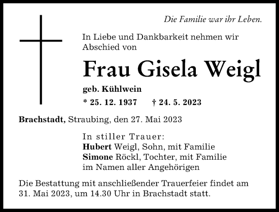 Traueranzeige von Gisela Weigl von Donau Zeitung, Donauwörther Zeitung