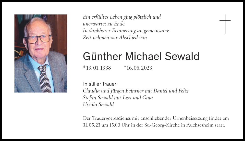  Traueranzeige für Günther Michael Sewald vom 27.05.2023 aus Donauwörther Zeitung
