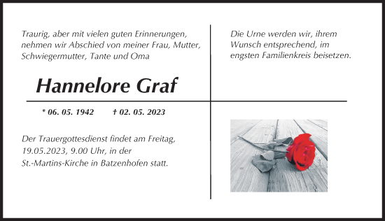 Traueranzeige von Hannelore Graf von Augsburg-Land