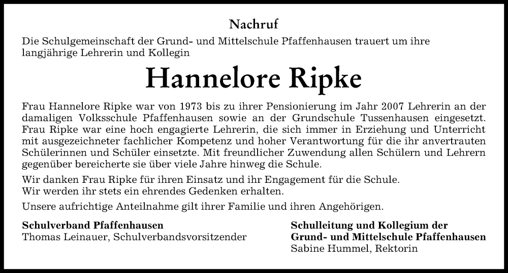  Traueranzeige für Hannelore Ripke vom 23.05.2023 aus Mindelheimer Zeitung