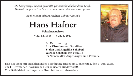 Traueranzeige von Hans Hafner von Augsburg-Land