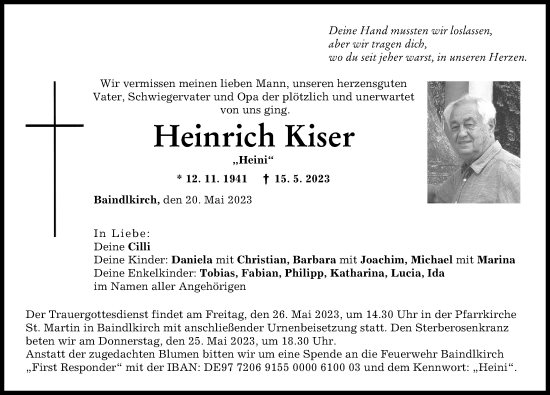 Traueranzeige von Heinrich Kiser von Friedberger Allgemeine
