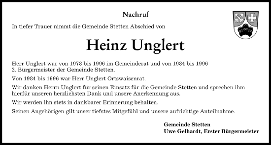 Traueranzeige von Heinz Unglert von Mindelheimer Zeitung