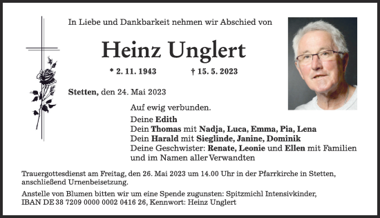Traueranzeige von Heinz Unglert von Mindelheimer Zeitung