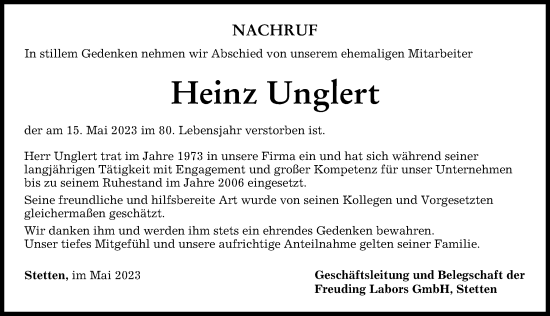 Traueranzeige von Heinz Unglert von Mindelheimer Zeitung