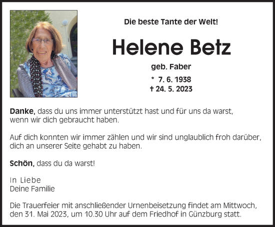 Traueranzeige von Helene Betz von Günzburger Zeitung