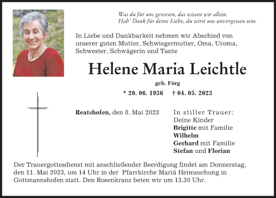 Traueranzeige von Helene Maria Leichtle von Wertinger Zeitung, Augsburg-Land, Donau Zeitung