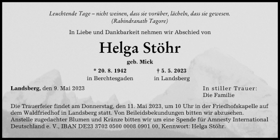 Traueranzeige von Helga Stöhr von Landsberger Tagblatt