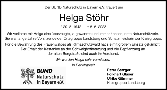 Traueranzeige von Helga Stöhr von Landsberger Tagblatt
