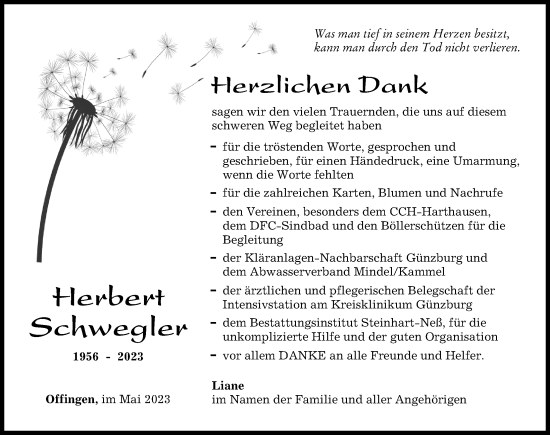 Traueranzeige von Herbert Schwegler von Günzburger Zeitung