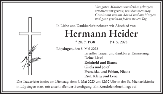 Traueranzeige von Hermann Heider von Rieser Nachrichten