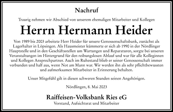 Traueranzeige von Hermann Heider von Rieser Nachrichten