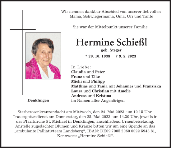 Traueranzeige von Hermine Schießl von Landsberger Tagblatt