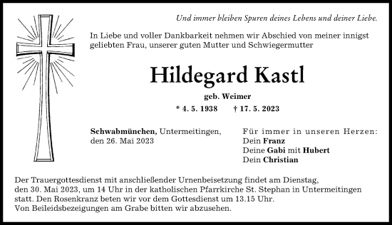 Traueranzeige von Hildegard Kastl von Schwabmünchner Allgemeine