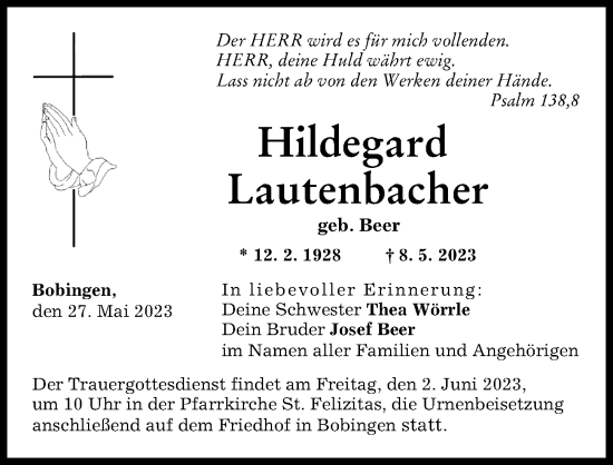 Traueranzeige von Hildegard Lautenbacher von Schwabmünchner Allgemeine