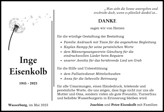 Traueranzeige von Inge Eisenkolb von Günzburger Zeitung