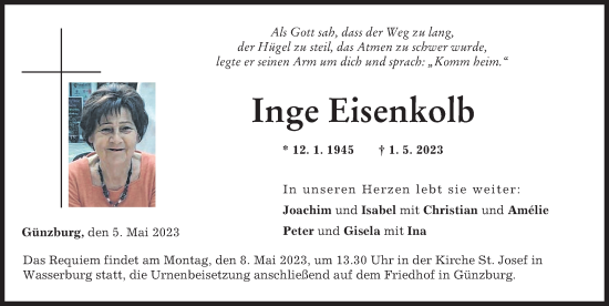 Traueranzeige von Inge Eisenkolb von Günzburger Zeitung