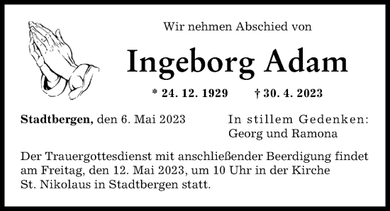 Traueranzeige von Ingeborg Adam von Augsburger Allgemeine