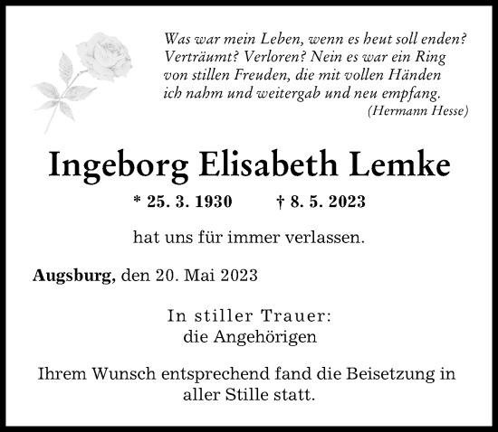 Traueranzeige von Ingeborg Elisabeth Lemke von Augsburger Allgemeine