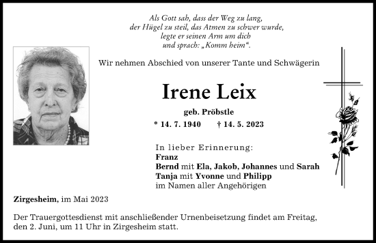Traueranzeige von Irene Leix von Donauwörther Zeitung