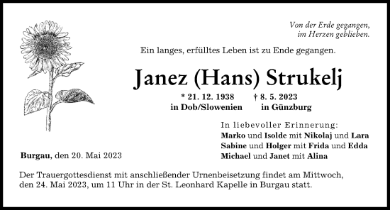 Traueranzeige von Janez Strukelj von Günzburger Zeitung