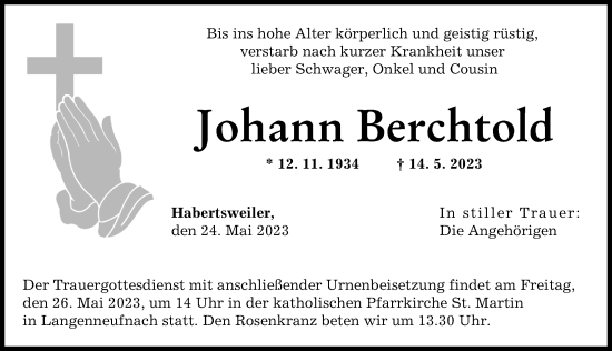 Traueranzeige von Johann Berchtold von Schwabmünchner Allgemeine