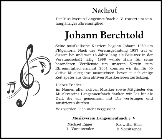 Traueranzeige von Johann Berchtold von Schwabmünchner Allgemeine