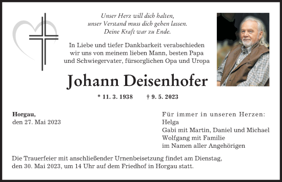 Traueranzeige von Johann Deisenhofer von Augsburger Allgemeine
