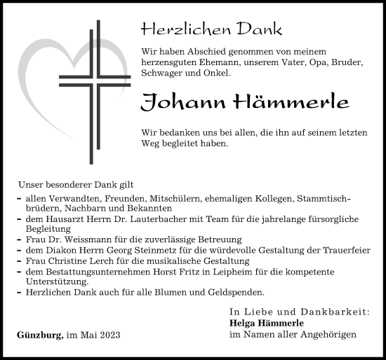 Traueranzeige von Johann Hämmerle von Günzburger Zeitung