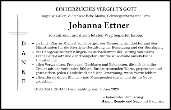 Traueranzeige von Johanna Ettner von Aichacher Nachrichten