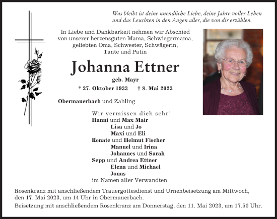 Traueranzeige von Johanna Ettner von Aichacher Nachrichten