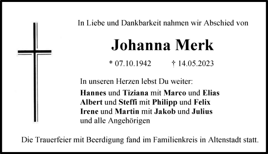 Traueranzeige von Johanna Merk von Illertisser Zeitung
