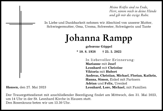Traueranzeige von Johanna Rampp von Mittelschwäbische Nachrichten, Günzburger Zeitung