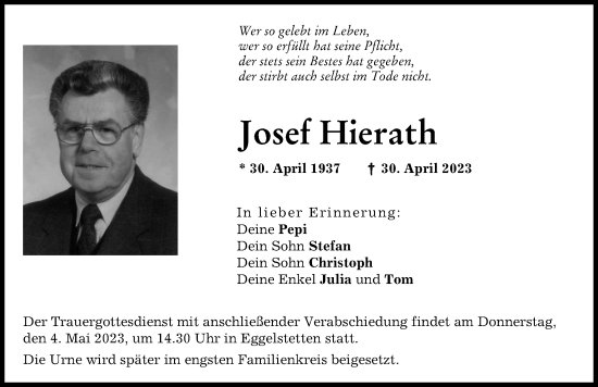 Traueranzeige von Josef Hierath von Donauwörther Zeitung