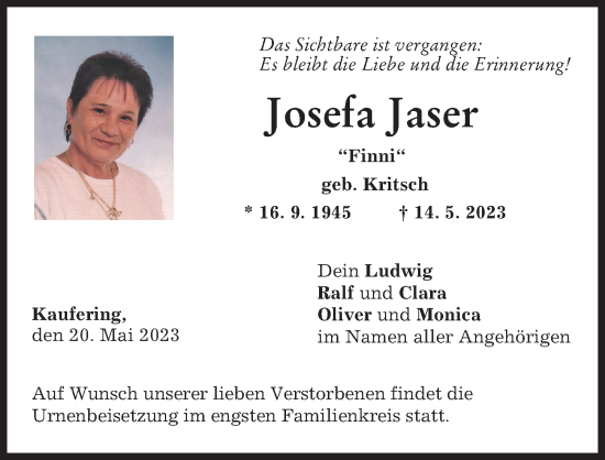 Traueranzeige von Josefa Jaser von Landsberger Tagblatt