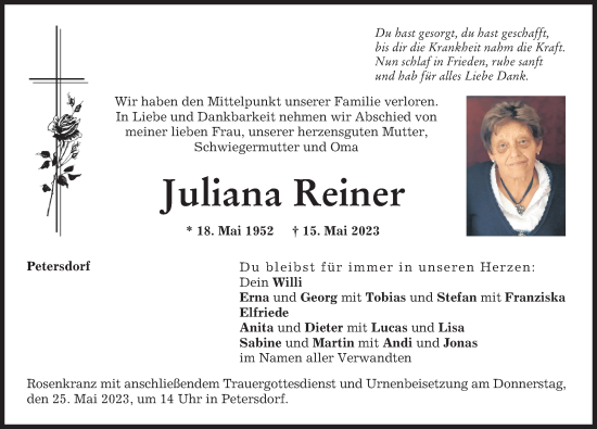 Traueranzeige von Juliana Reiner von Aichacher Nachrichten