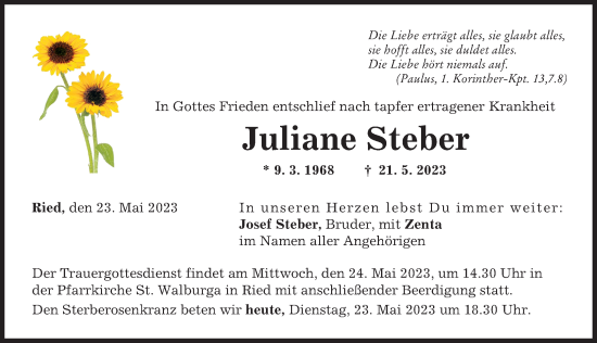 Traueranzeige von Juliane Steber von Friedberger Allgemeine