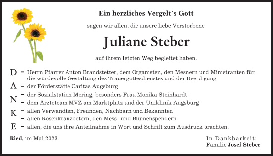 Traueranzeige von Juliane Steber von Friedberger Allgemeine