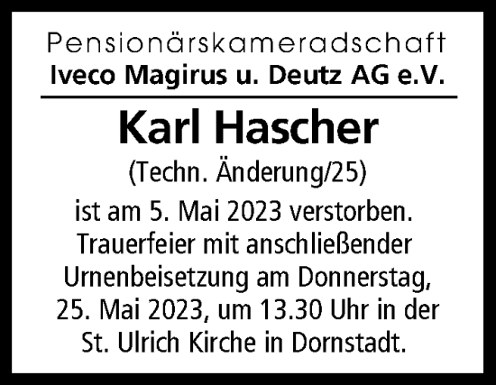 Traueranzeige von Karl Hascher von Illertisser Zeitung, Günzburger Zeitung, Neu-Ulmer Zeitung